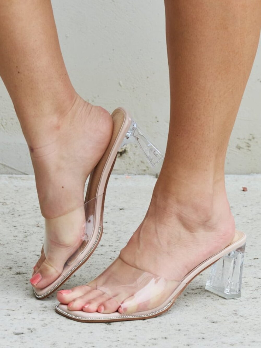 Nude Clear Strap Mule Heels | Transparent 2.7" Block Heel
